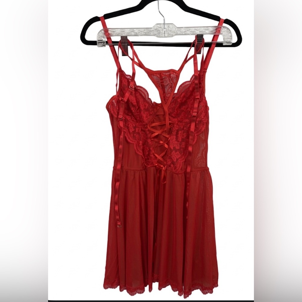 NIP Red Lace & Mesh 3-Piece Babydoll Set with Detachable Garters - Size M